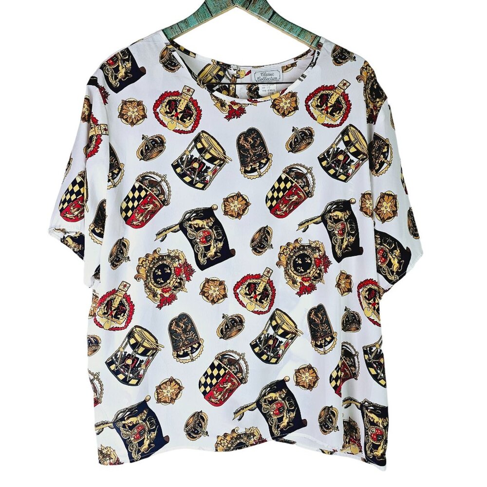 Vintage 1990's Classic Collection Silky Royalty Boroque Crest Flag Blouse, Sz 20